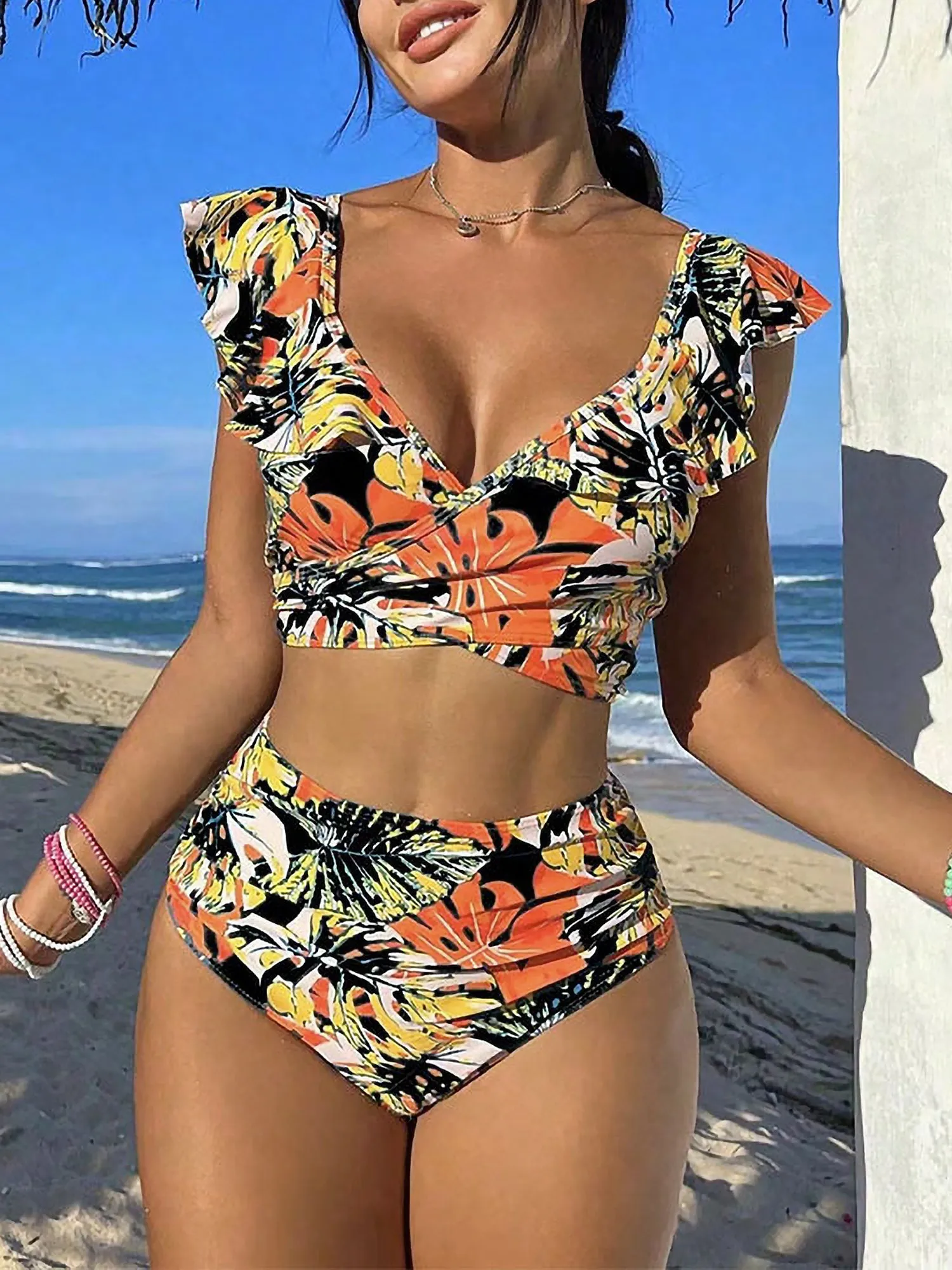 Ruffled Lace-Up Floral Bikini Swimsuits