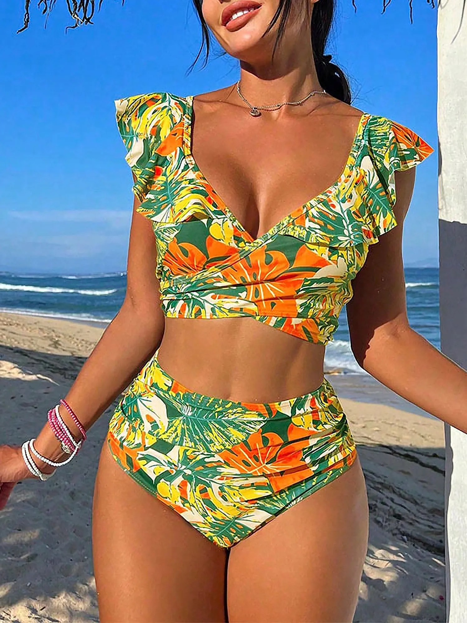 Ruffled Lace-Up Floral Bikini Swimsuits