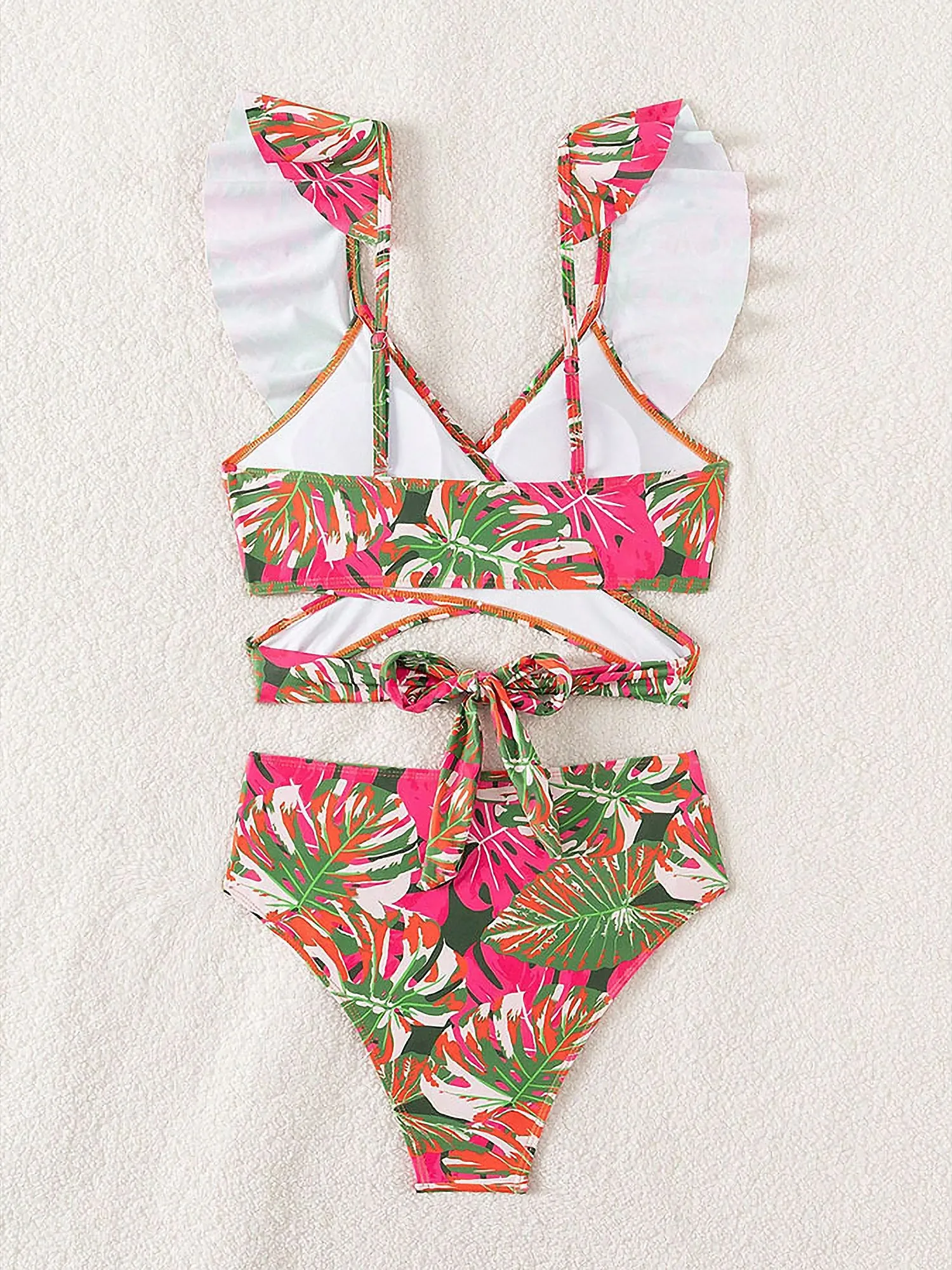 Ruffled Lace-Up Floral Bikini Swimsuits