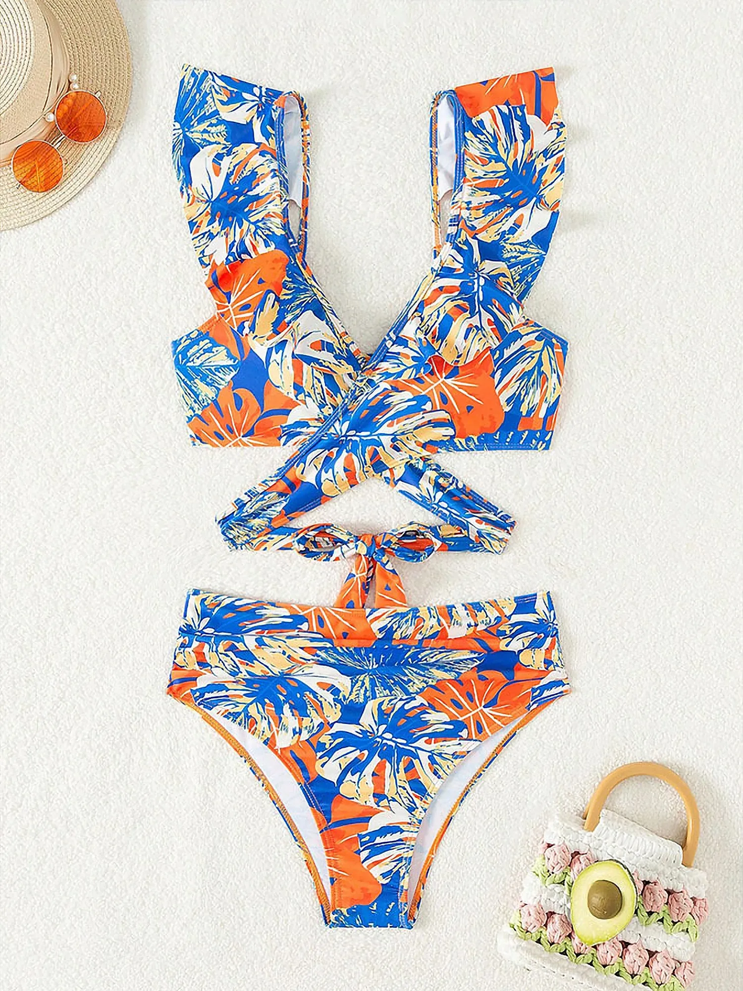 Ruffled Lace-Up Floral Bikini Swimsuits