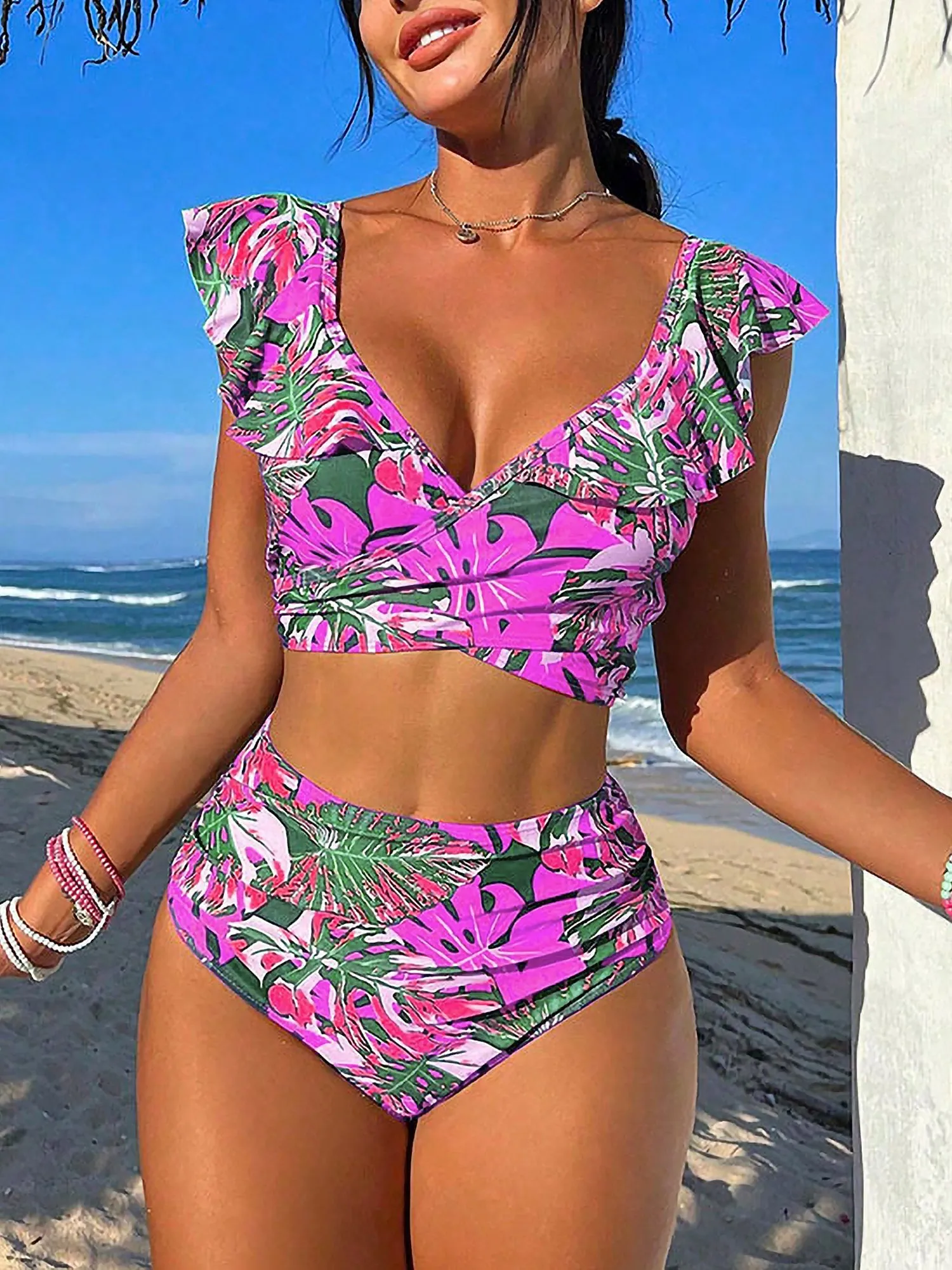 Ruffled Lace-Up Floral Bikini Swimsuits