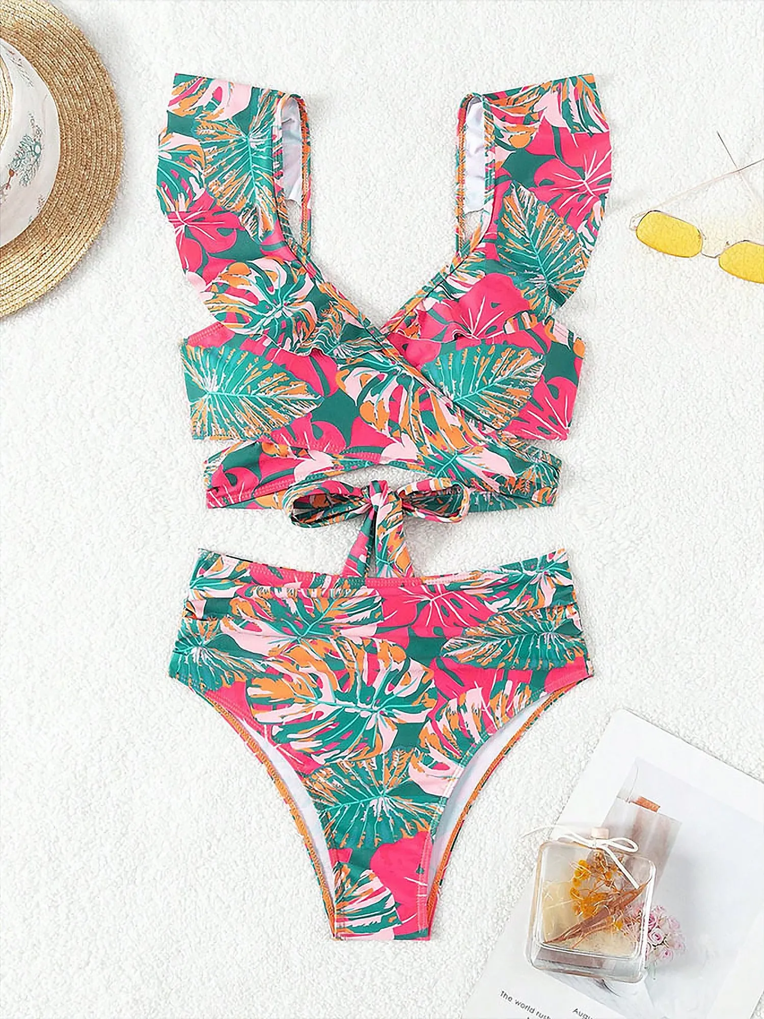 Ruffled Lace-Up Floral Bikini Swimsuits