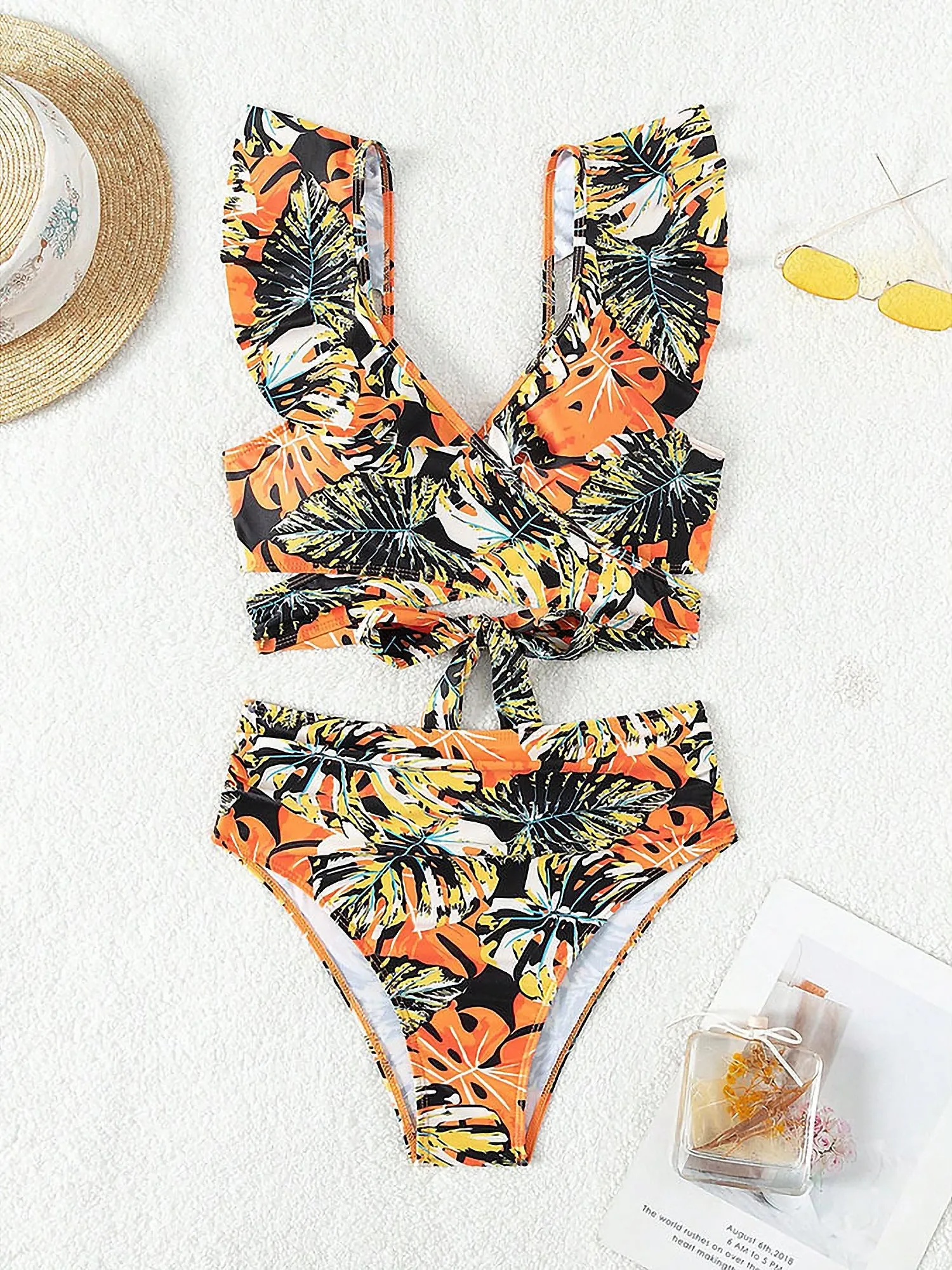 Ruffled Lace-Up Floral Bikini Swimsuits