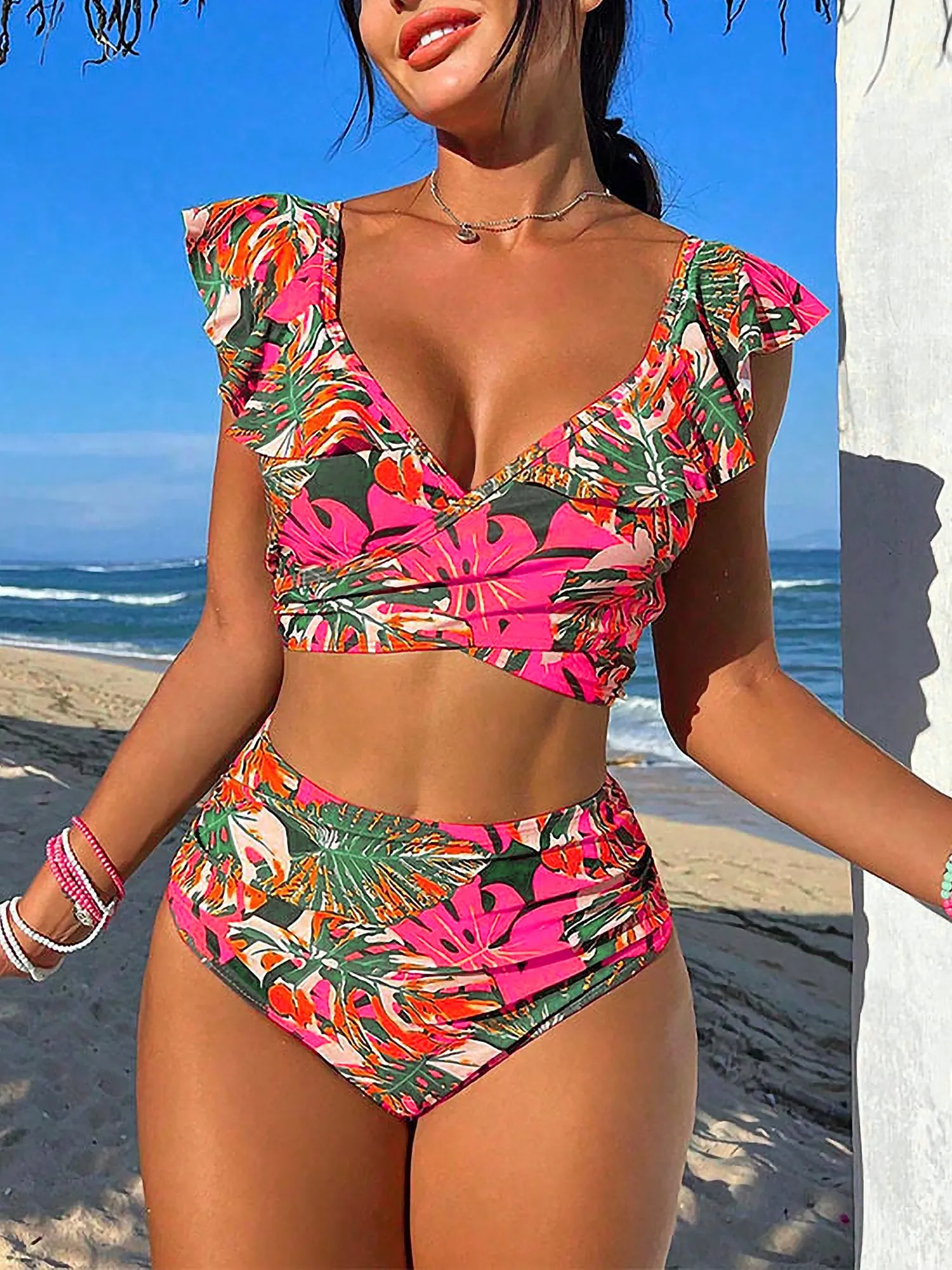 Ruffled Lace-Up Floral Bikini Swimsuits