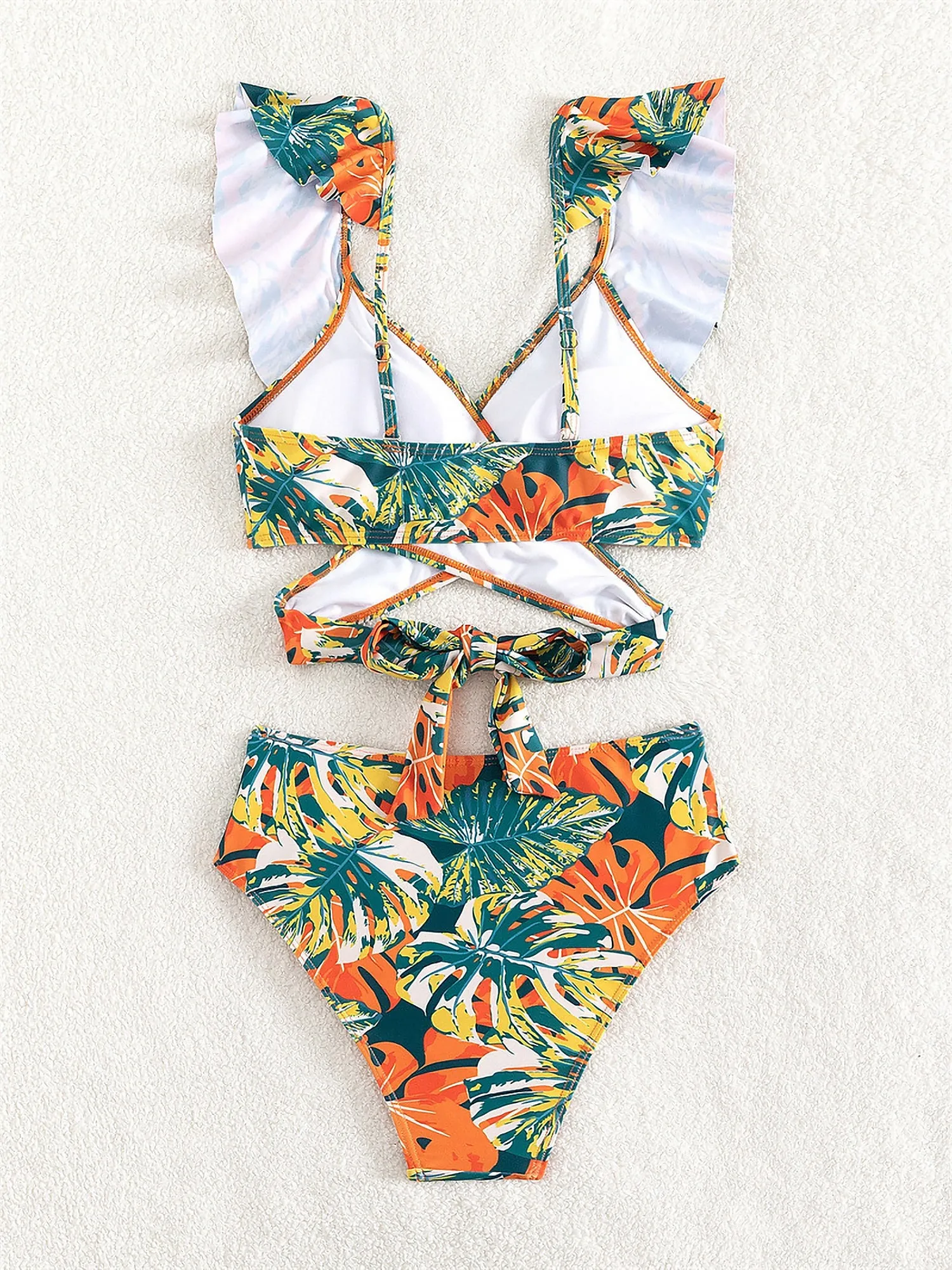 Ruffled Lace-Up Floral Bikini Swimsuits