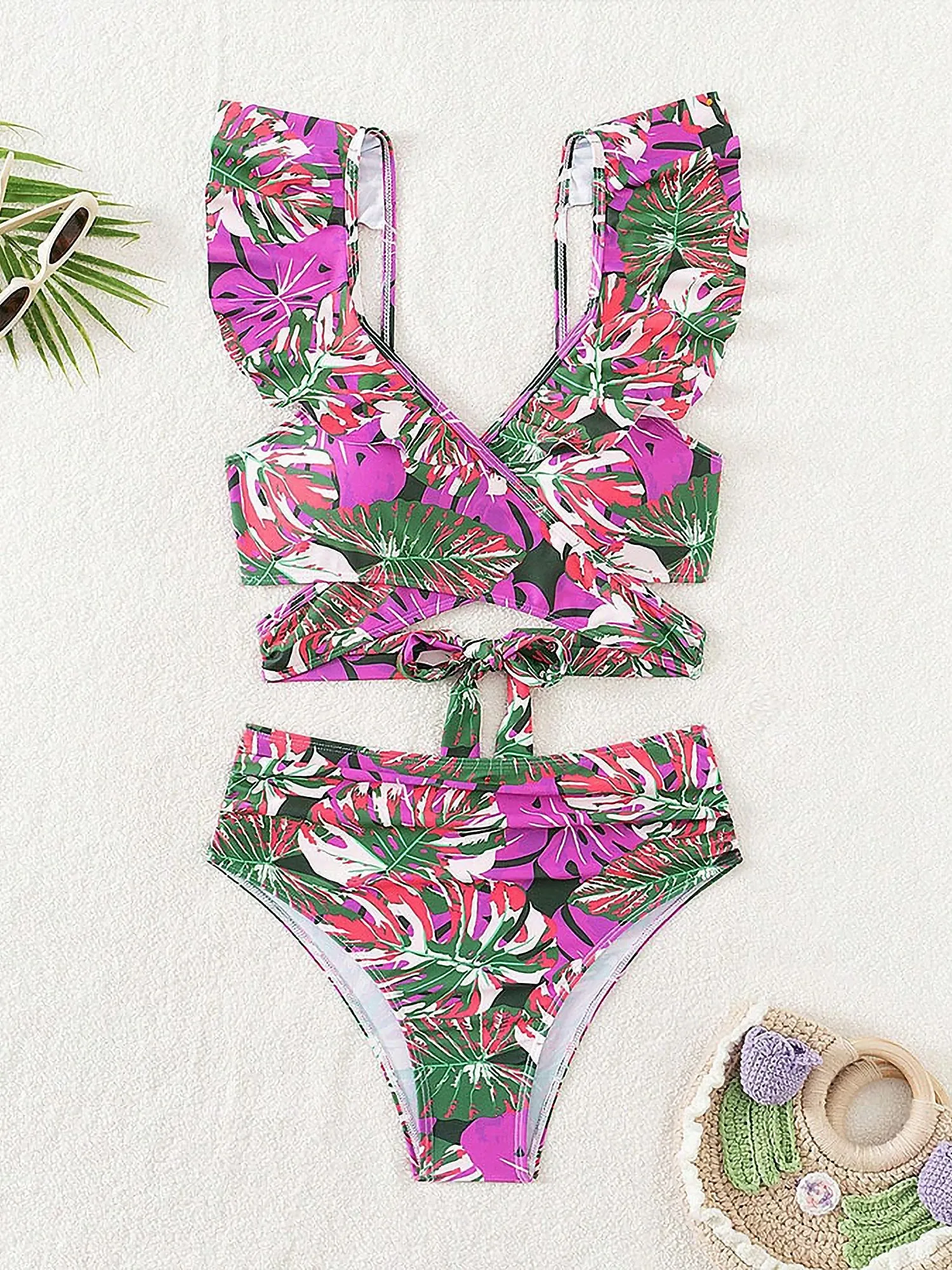 Ruffled Lace-Up Floral Bikini Swimsuits