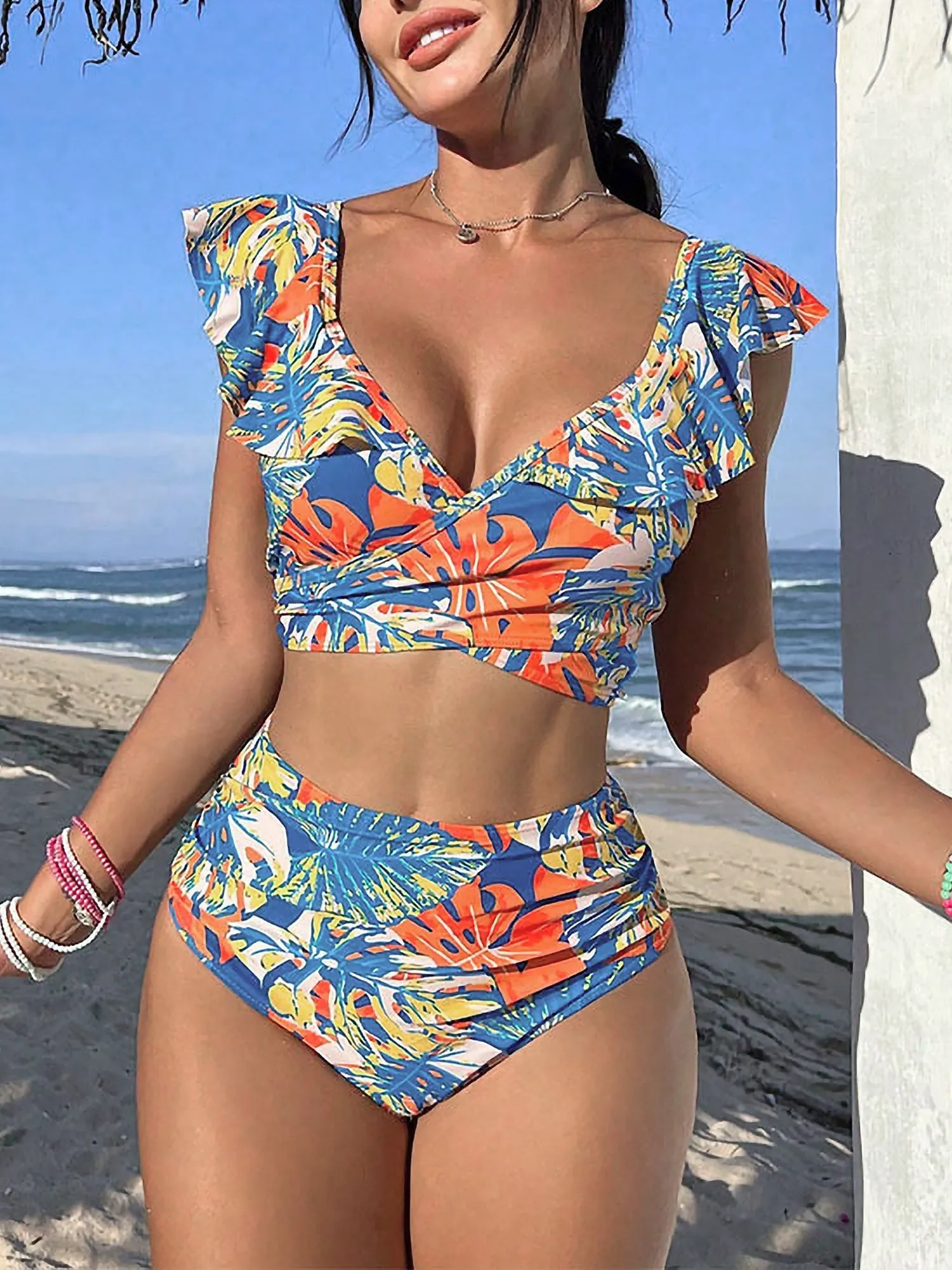Ruffled Lace-Up Floral Bikini Swimsuits
