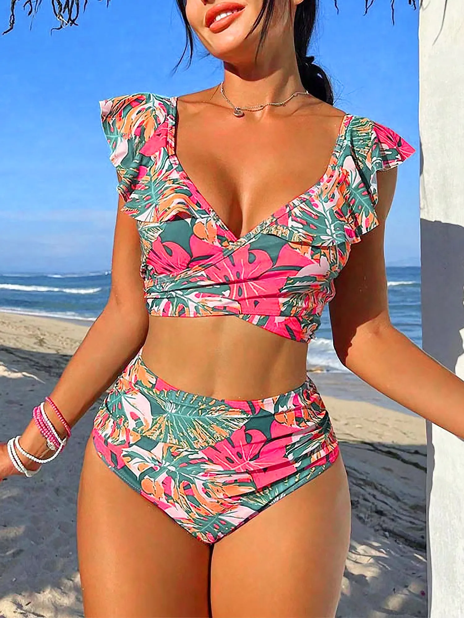 Ruffled Lace-Up Floral Bikini Swimsuits