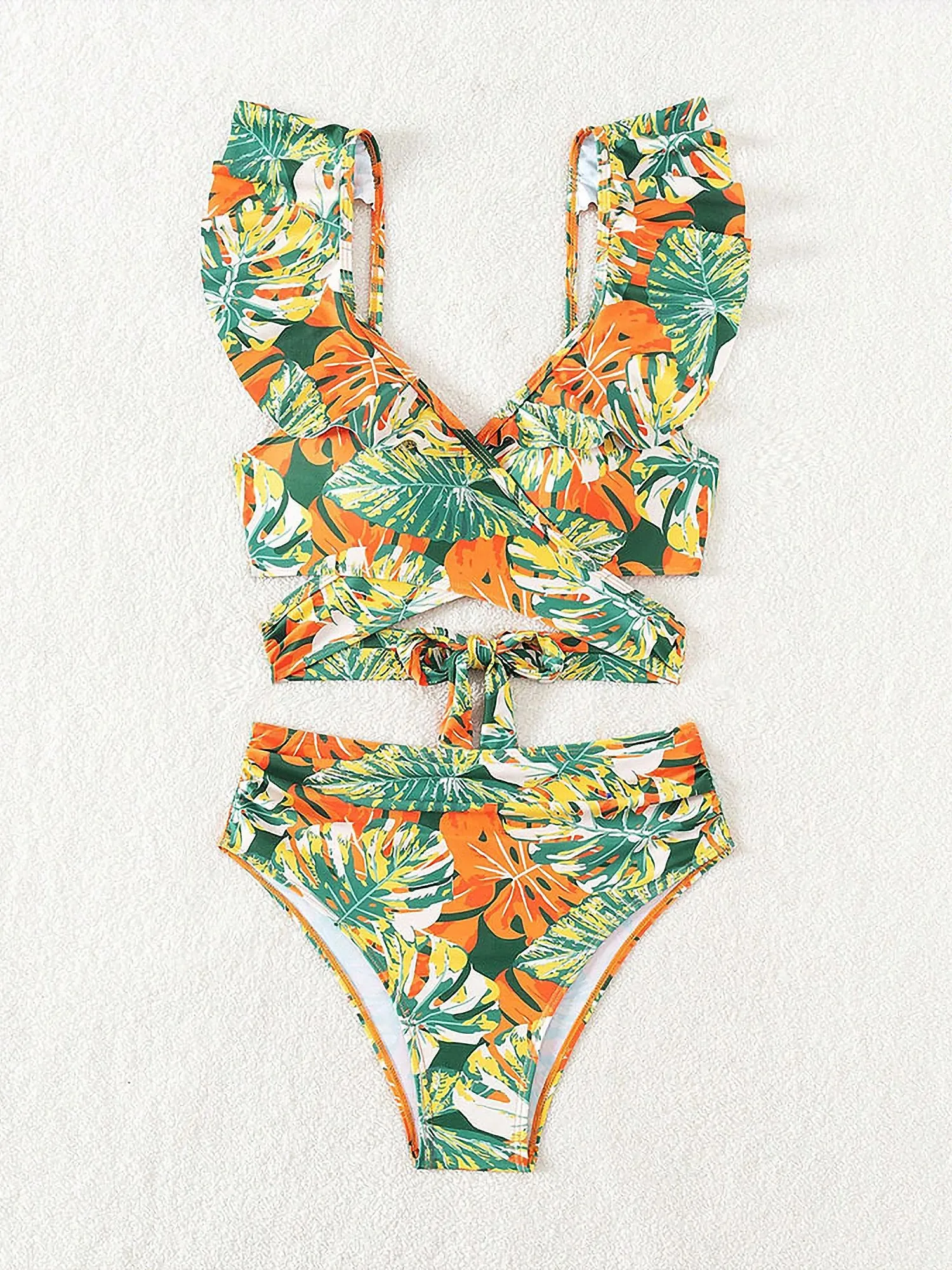 Ruffled Lace-Up Floral Bikini Swimsuits