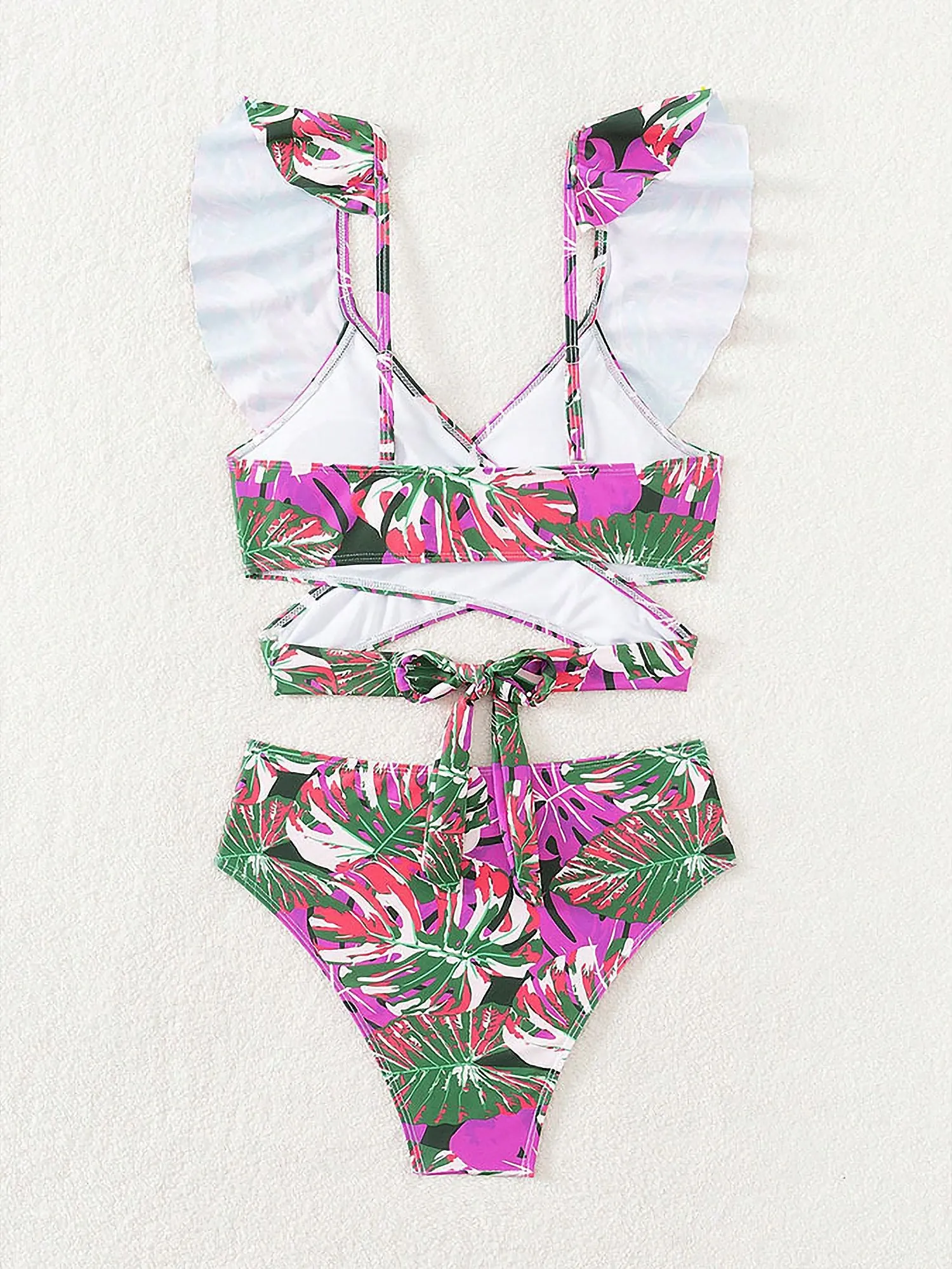 Ruffled Lace-Up Floral Bikini Swimsuits