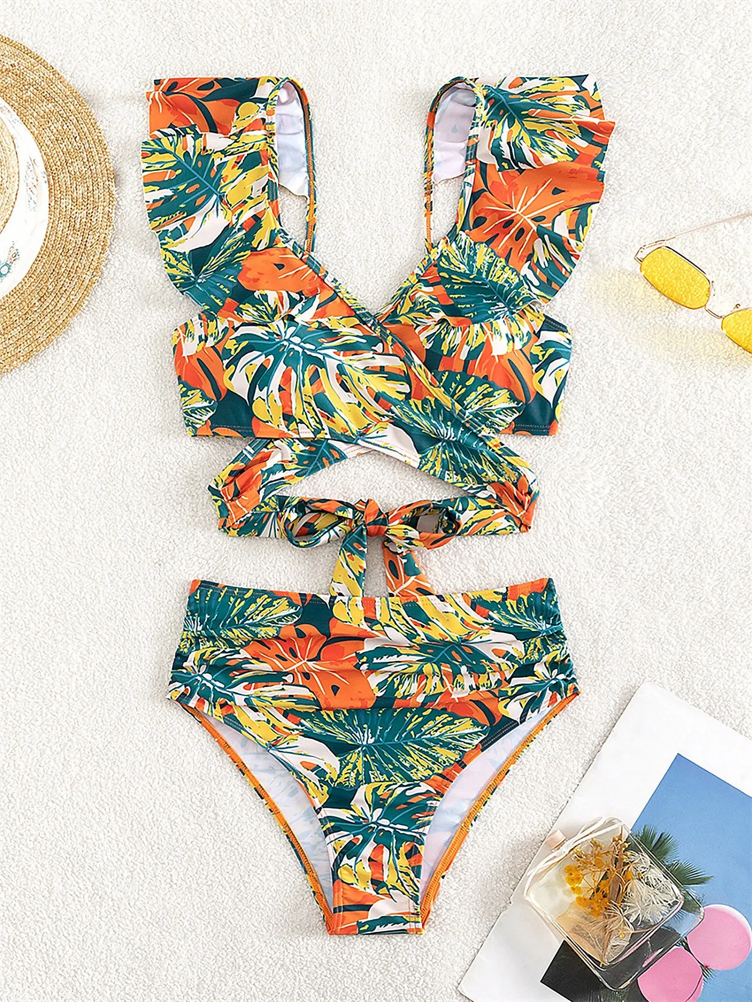 Ruffled Lace-Up Floral Bikini Swimsuits