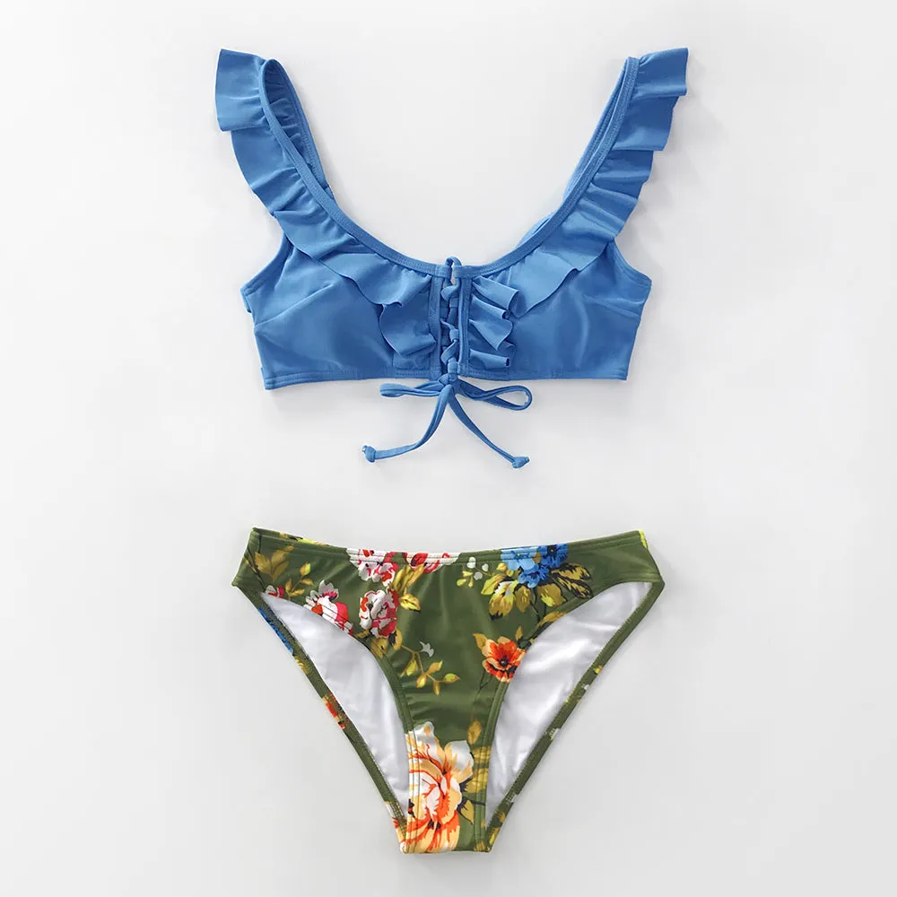 Ruffled Top Two Piece Bikini Swimsuit Set with Floral Print Bottom for Women