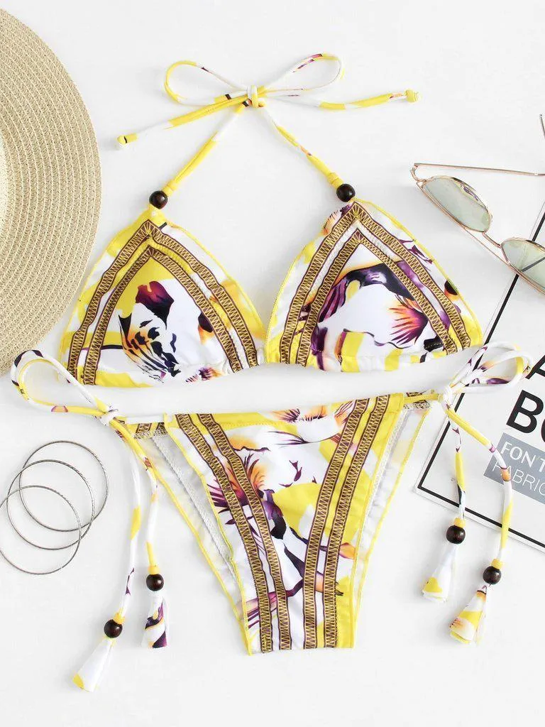Self Tie Flower Print Bikini Set