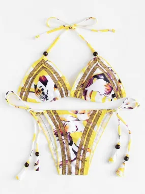 Self Tie Flower Print Bikini Set