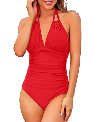 Sexy Ruched Tummy Control Halter Swimsuit Long Torso 1 Piece Swimwear-Red