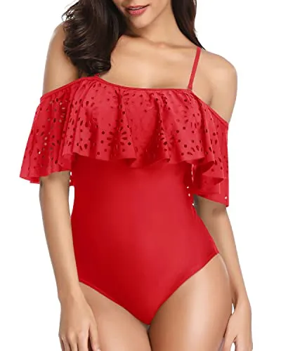 Sexy Ruffle Flounce Hollow Bathing Suits One Piece Off Shoulder Lace Swimsuits-Red