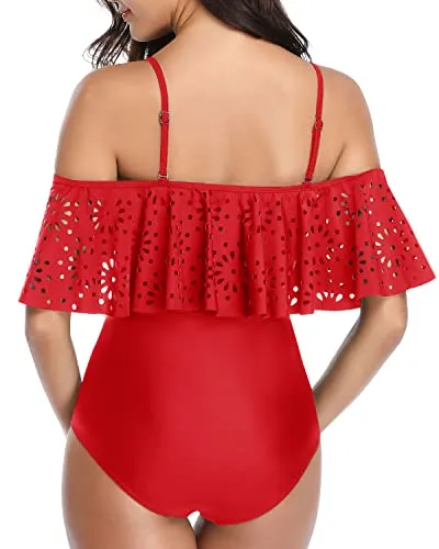 Sexy Ruffle Flounce Hollow Bathing Suits One Piece Off Shoulder Lace Swimsuits-Red