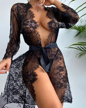 Sheer Mesh Eyelash Crochet Lace Robe With Panty