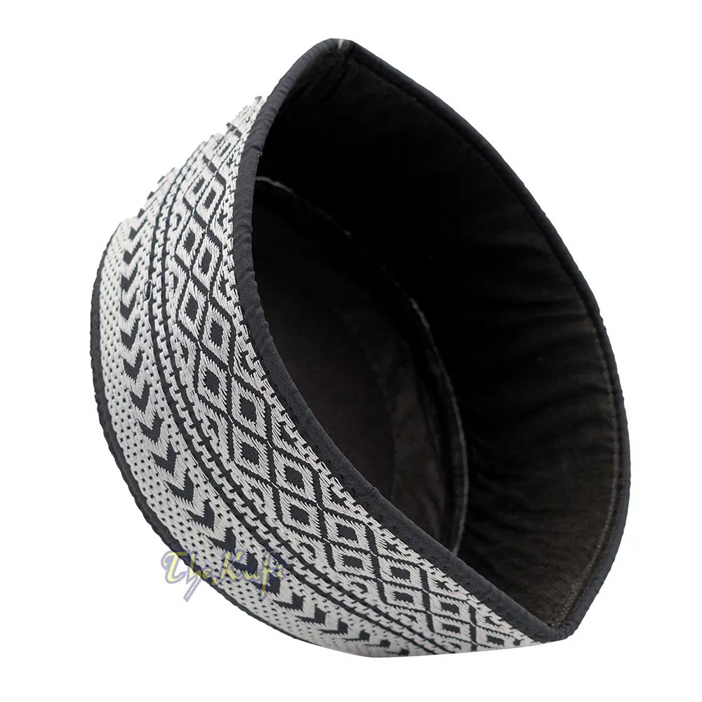 SIlver Embroidery Bugis Kufi Hat - Arrow Diamond Design Rigid Muslim Fashion Cap