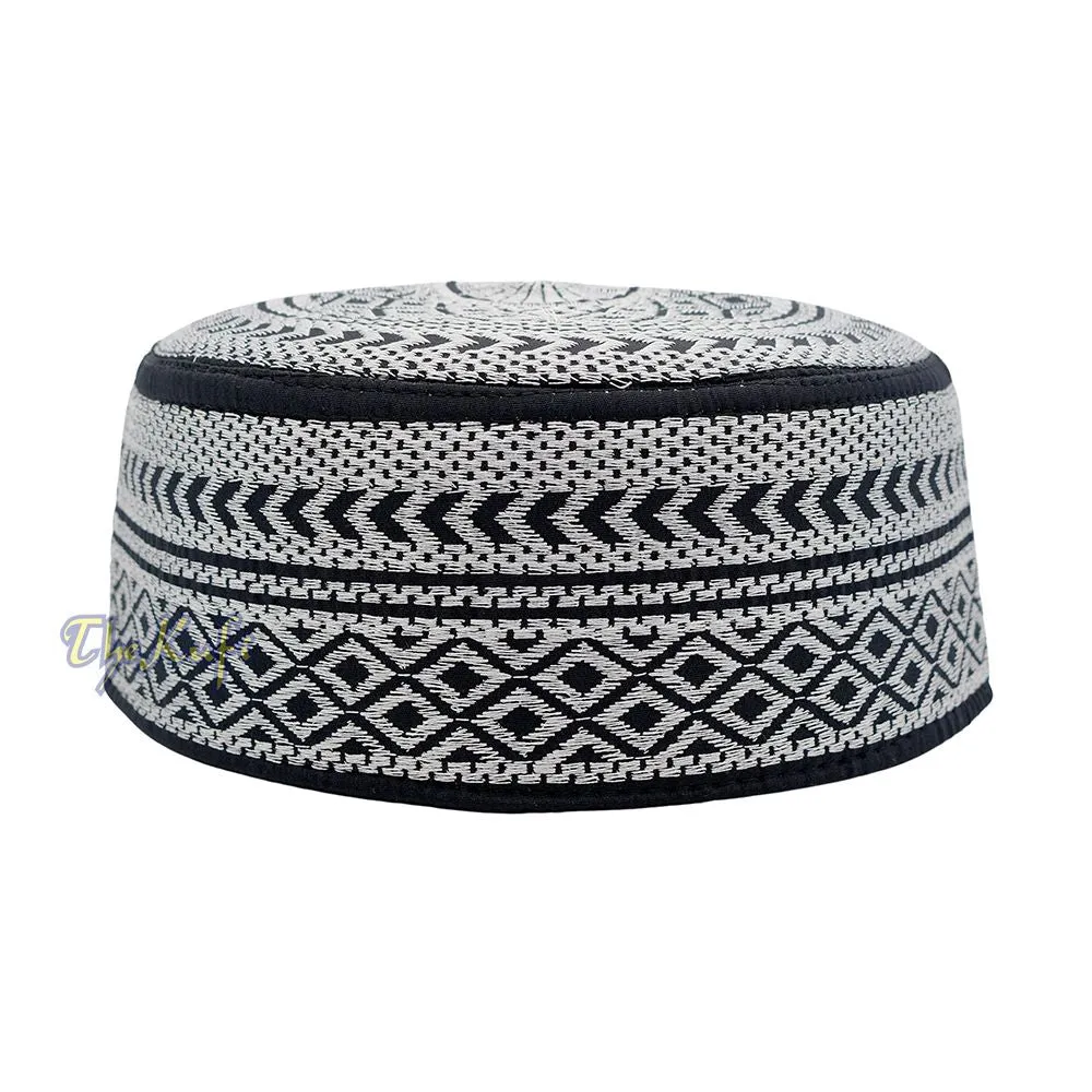 SIlver Embroidery Bugis Kufi Hat - Arrow Diamond Design Rigid Muslim Fashion Cap
