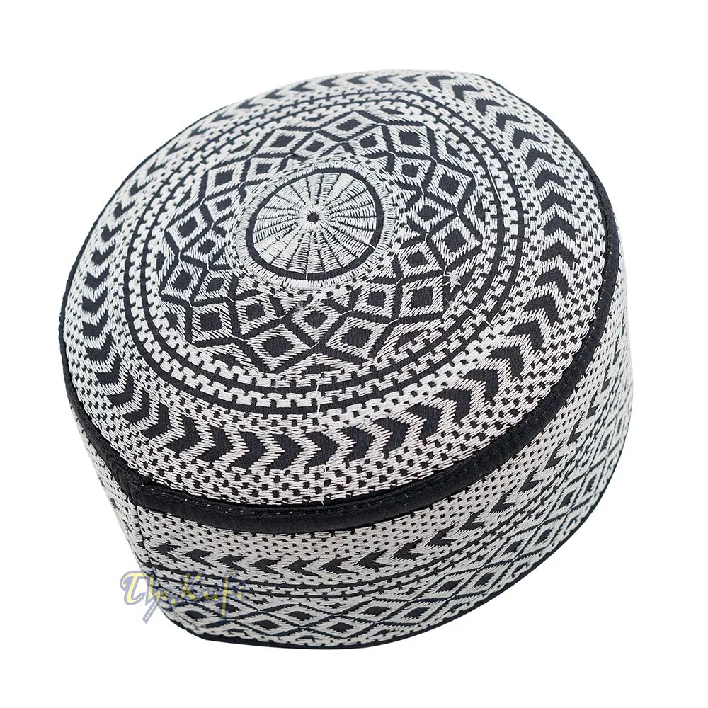 SIlver Embroidery Bugis Kufi Hat - Arrow Diamond Design Rigid Muslim Fashion Cap