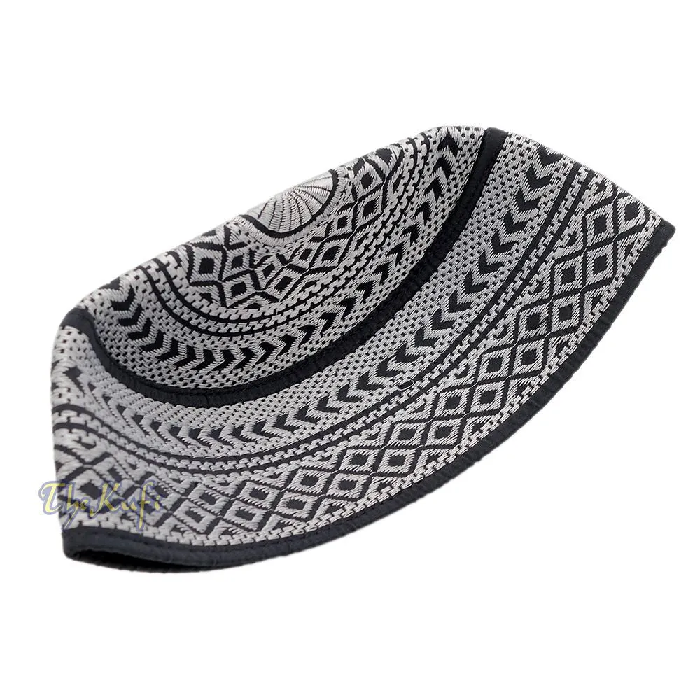 SIlver Embroidery Bugis Kufi Hat - Arrow Diamond Design Rigid Muslim Fashion Cap