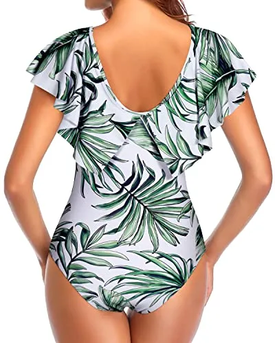 Slimming Teen Girls' Flounce Sleeve V Neck One Piece Swimsuit-Green Leaf