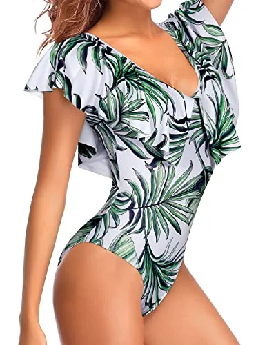Slimming Teen Girls' Flounce Sleeve V Neck One Piece Swimsuit-Green Leaf