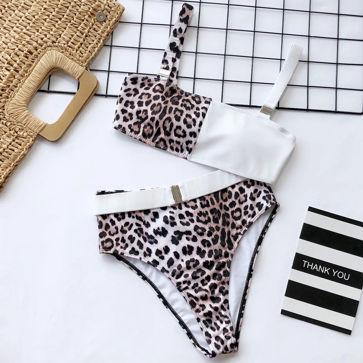 Sling Leopard Colorblock Buckles High Rise Triangle Bikinis