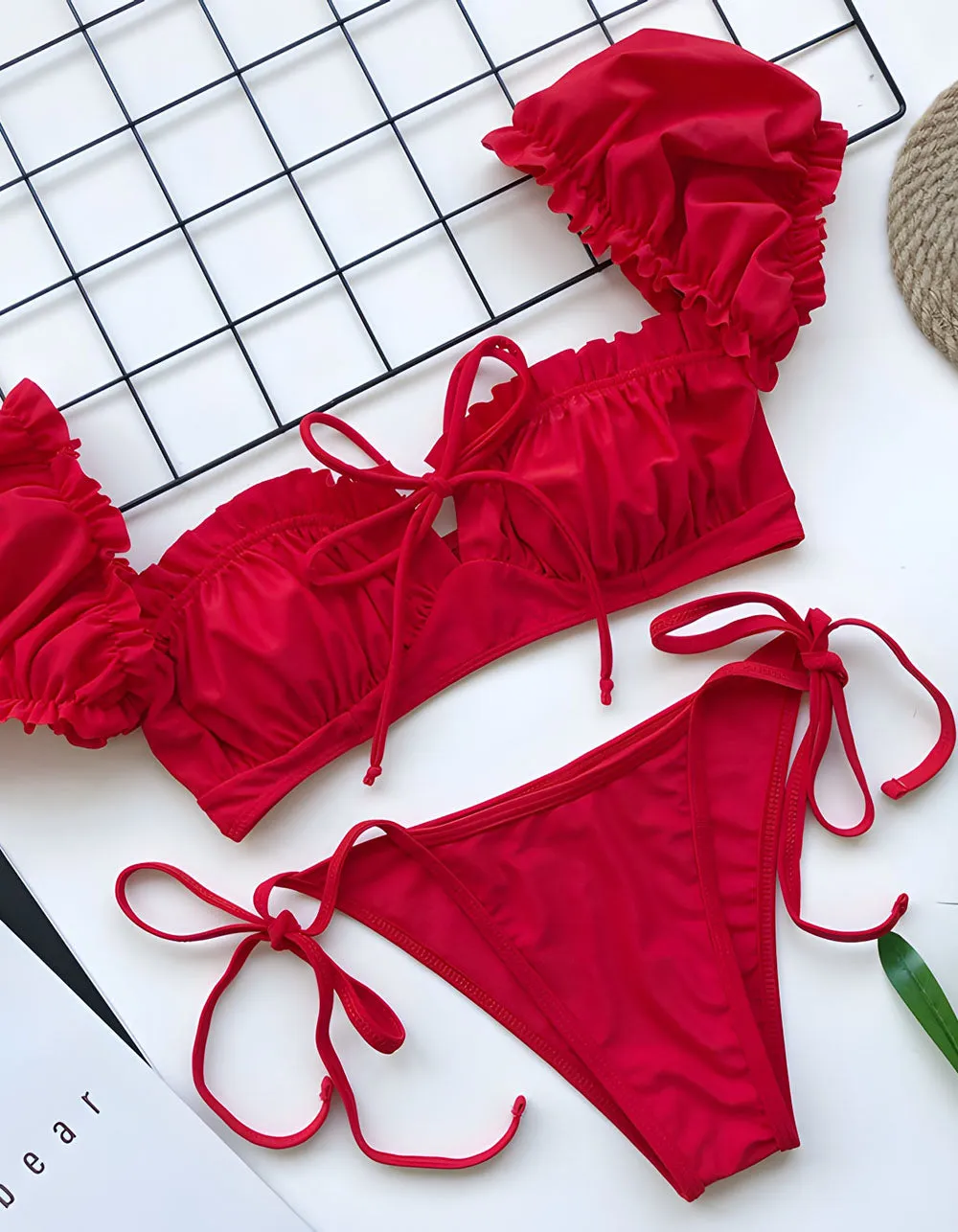 Solid-color Two-piece Tie Side Thongs Bikini  Swimwear Sets