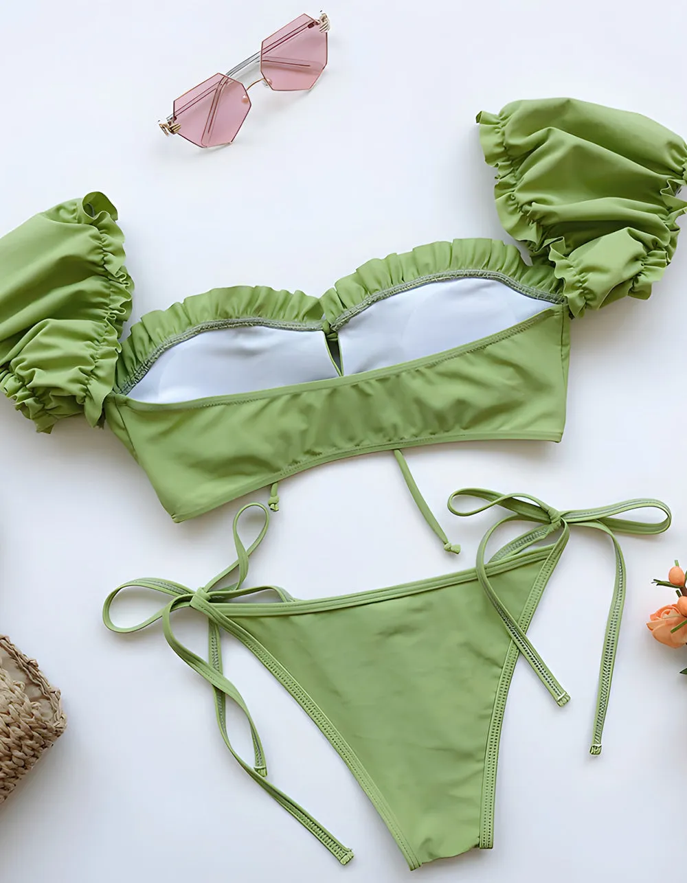 Solid-color Two-piece Tie Side Thongs Bikini  Swimwear Sets