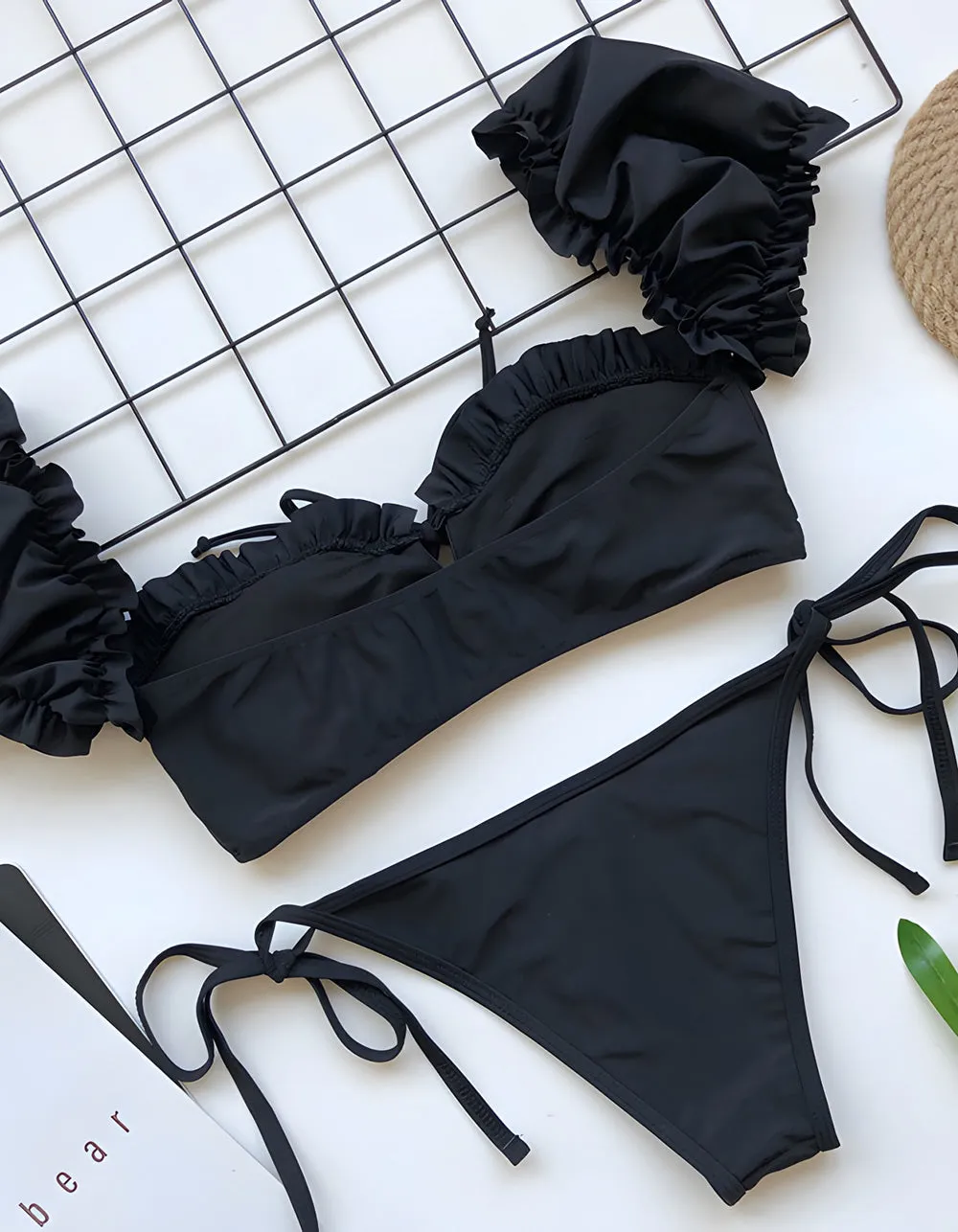 Solid-color Two-piece Tie Side Thongs Bikini  Swimwear Sets