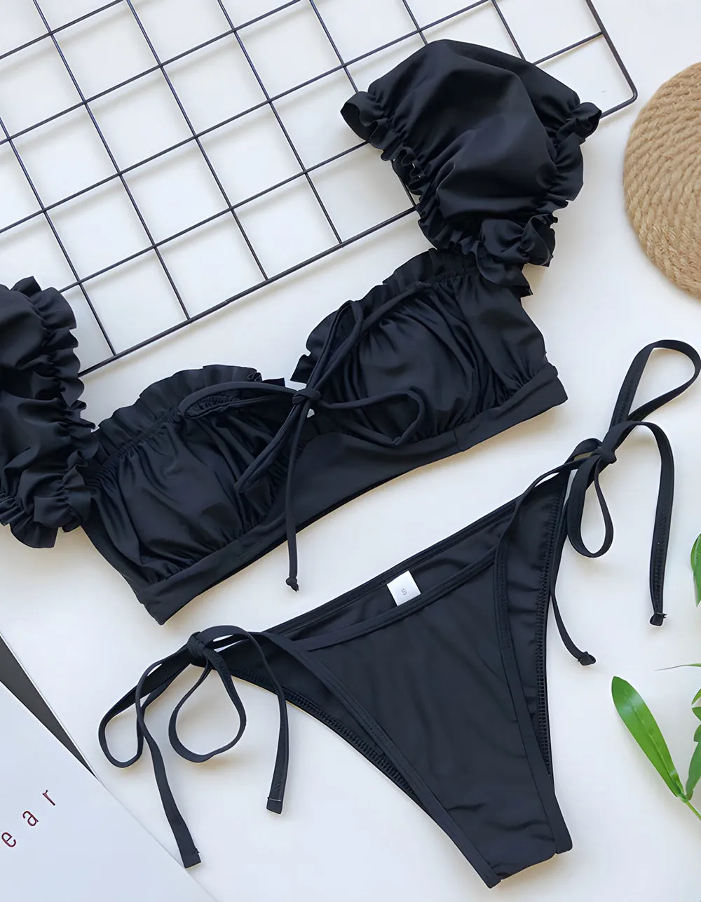 Solid-color Two-piece Tie Side Thongs Bikini  Swimwear Sets