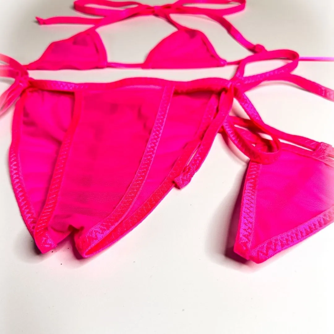 Solid Neon Pink Mesh - Scrunch Butt Three Piece Set (Thong Included) - Completely See-Through
