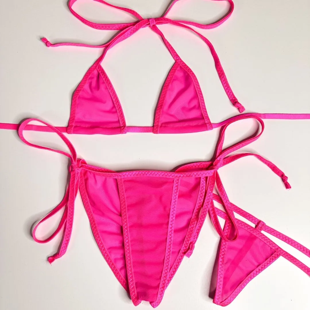Solid Neon Pink Mesh - Scrunch Butt Three Piece Set (Thong Included) - Completely See-Through