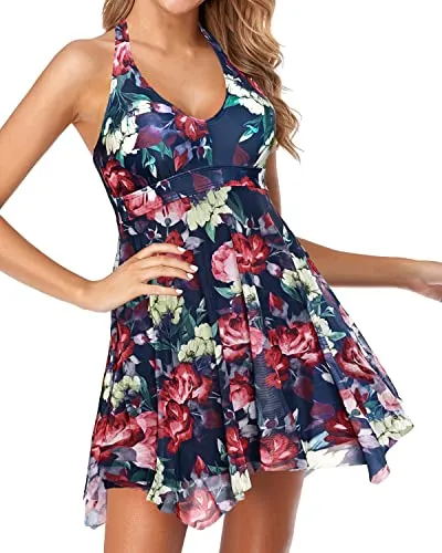 V Neck Backless One Piece Bathing Suit Skirt For Women-Navy Blue Floral