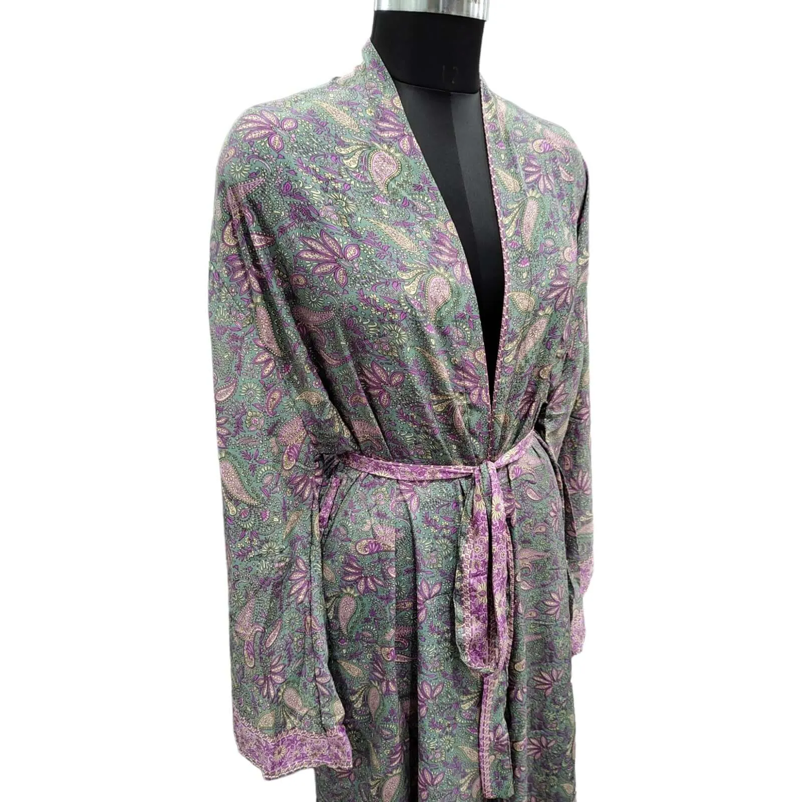 Vintage Silk Sari Women Fashion Kimono Long Dress Kaftan Cover Up Dress Gown Casual Wear
