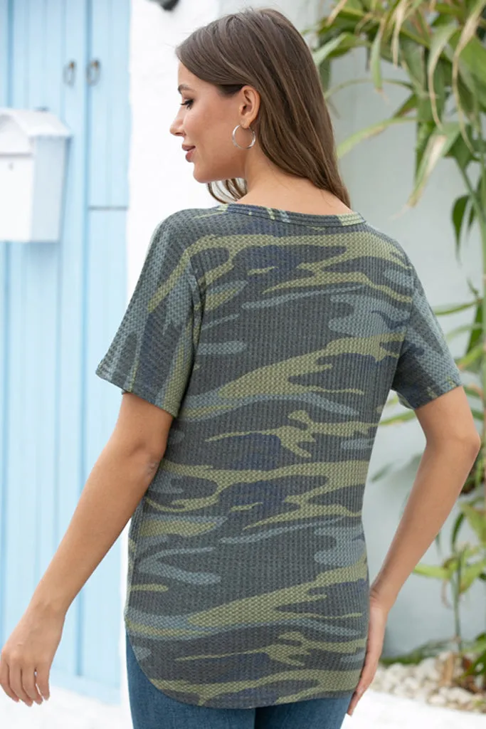 Waffle Knit Tunic Blouse Tie Knot Short Sleeve Henley Tops Loose Fitting Bat Wing Shirts Camo