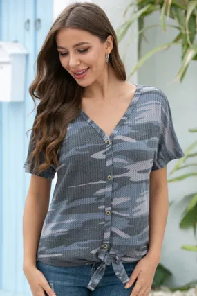 Waffle Knit Tunic Blouse Tie Knot Short Sleeve Henley Tops Loose Fitting Bat Wing Shirts Camo
