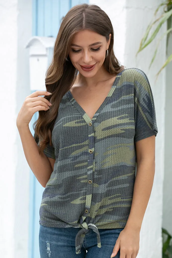 Waffle Knit Tunic Blouse Tie Knot Short Sleeve Henley Tops Loose Fitting Bat Wing Shirts Camo