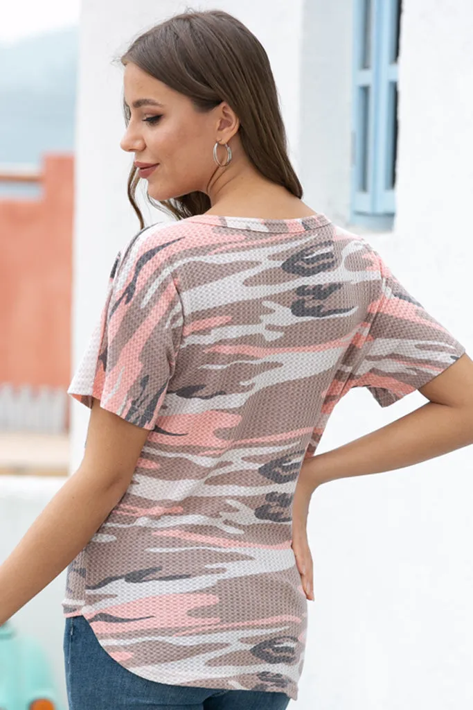 Waffle Knit Tunic Blouse Tie Knot Short Sleeve Henley Tops Loose Fitting Bat Wing Shirts Camo