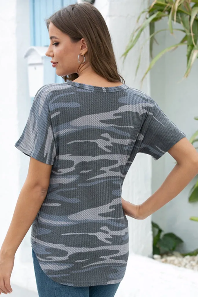 Waffle Knit Tunic Blouse Tie Knot Short Sleeve Henley Tops Loose Fitting Bat Wing Shirts Camo