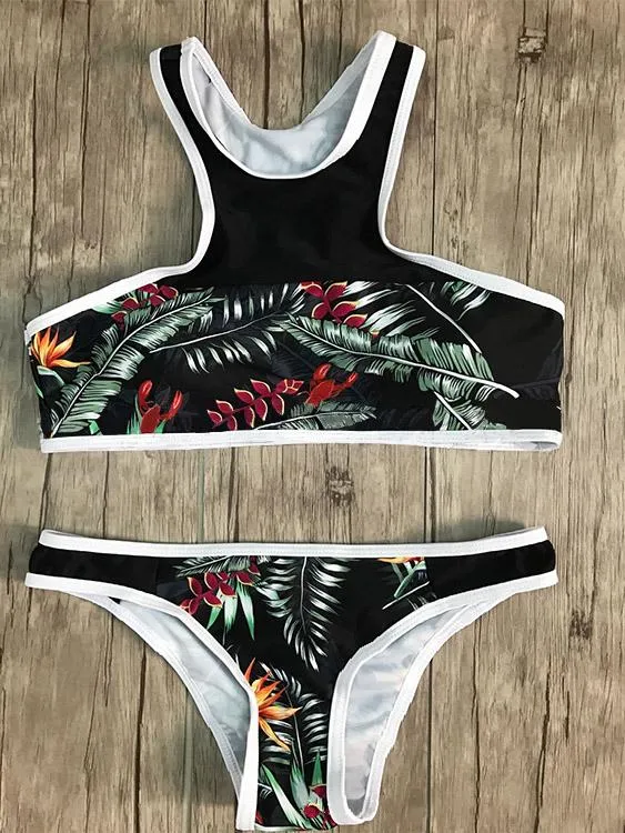 Wholesale Black Round Neck Sleeveless Floral Print Backless Two Piece Bikinis