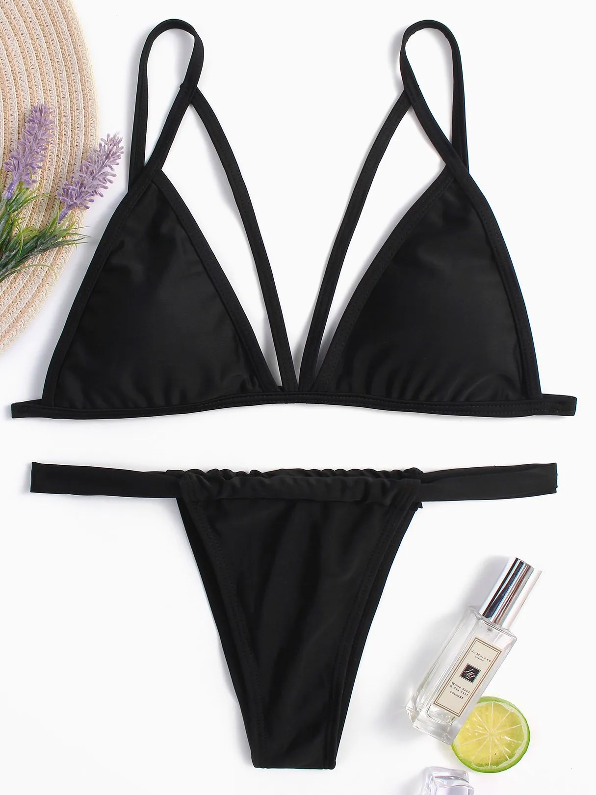 Wholesale Black V-Neck Sleeveless Plain Backless Cut Out Bikinis