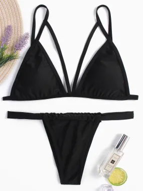 Wholesale Black V-Neck Sleeveless Plain Backless Cut Out Bikinis