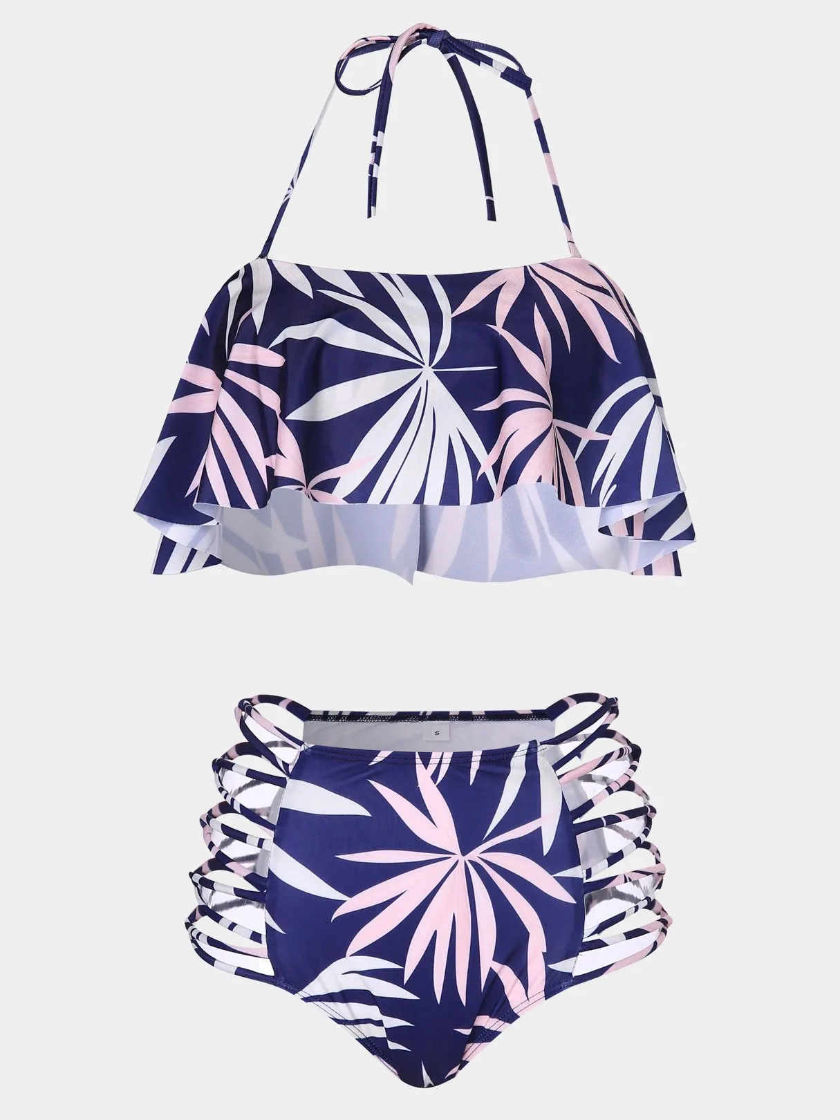 Wholesale Blue Halter Deep V Neck Sleeveless Printed Bikini Set Swimwear