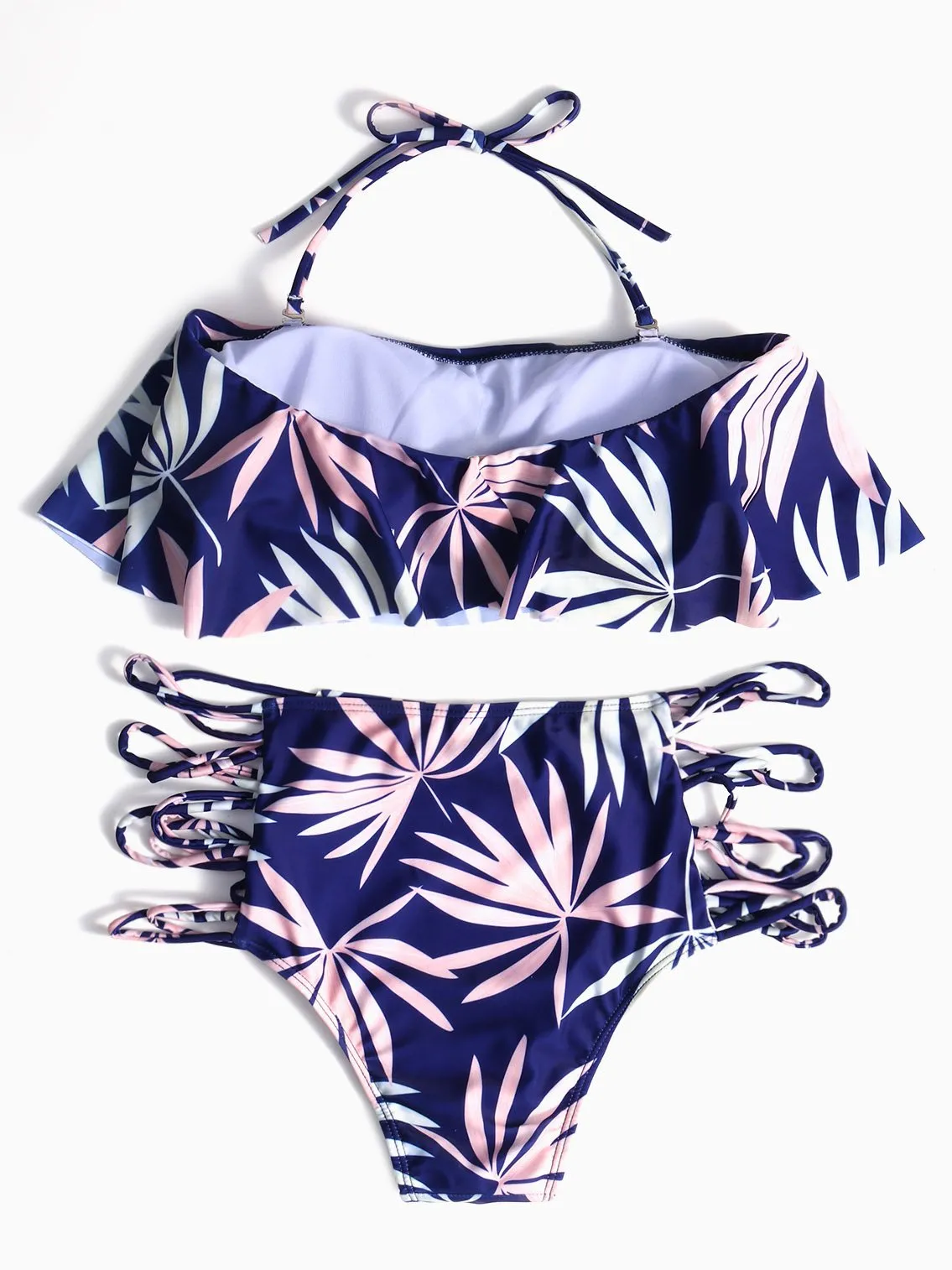 Wholesale Blue Halter Deep V Neck Sleeveless Printed Bikini Set Swimwear