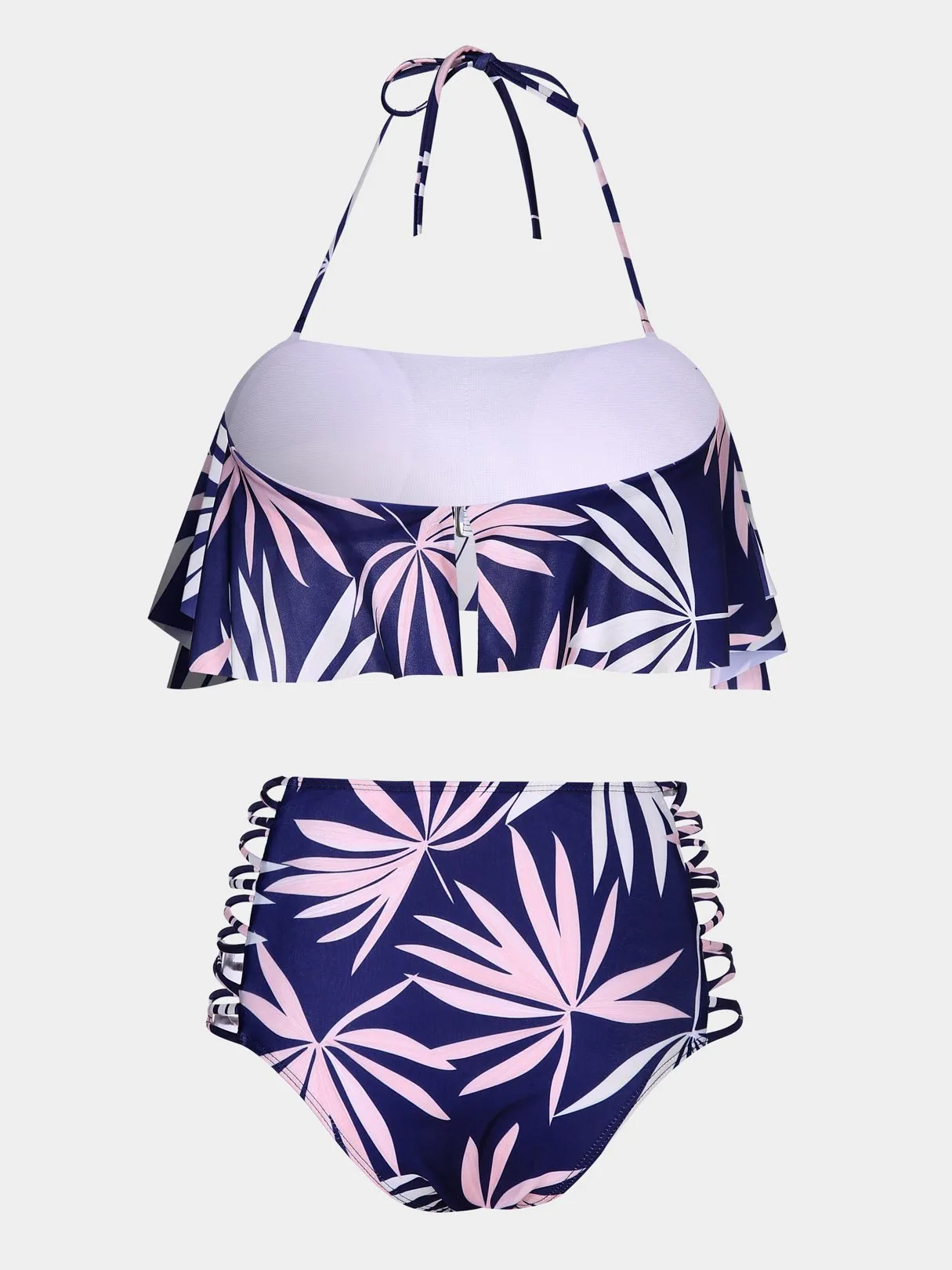 Wholesale Blue Halter Deep V Neck Sleeveless Printed Bikini Set Swimwear