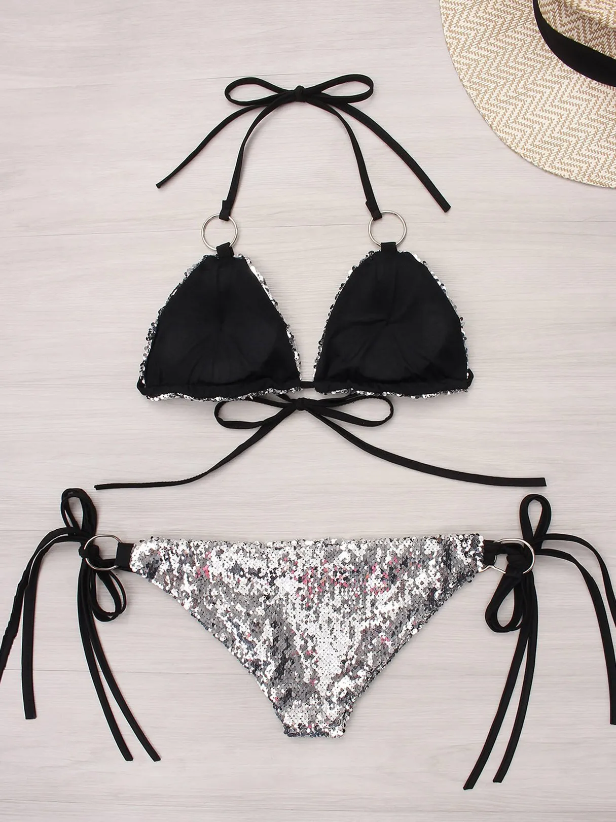 Wholesale Halter Sleeveless Silver 2 Piece Bikinis