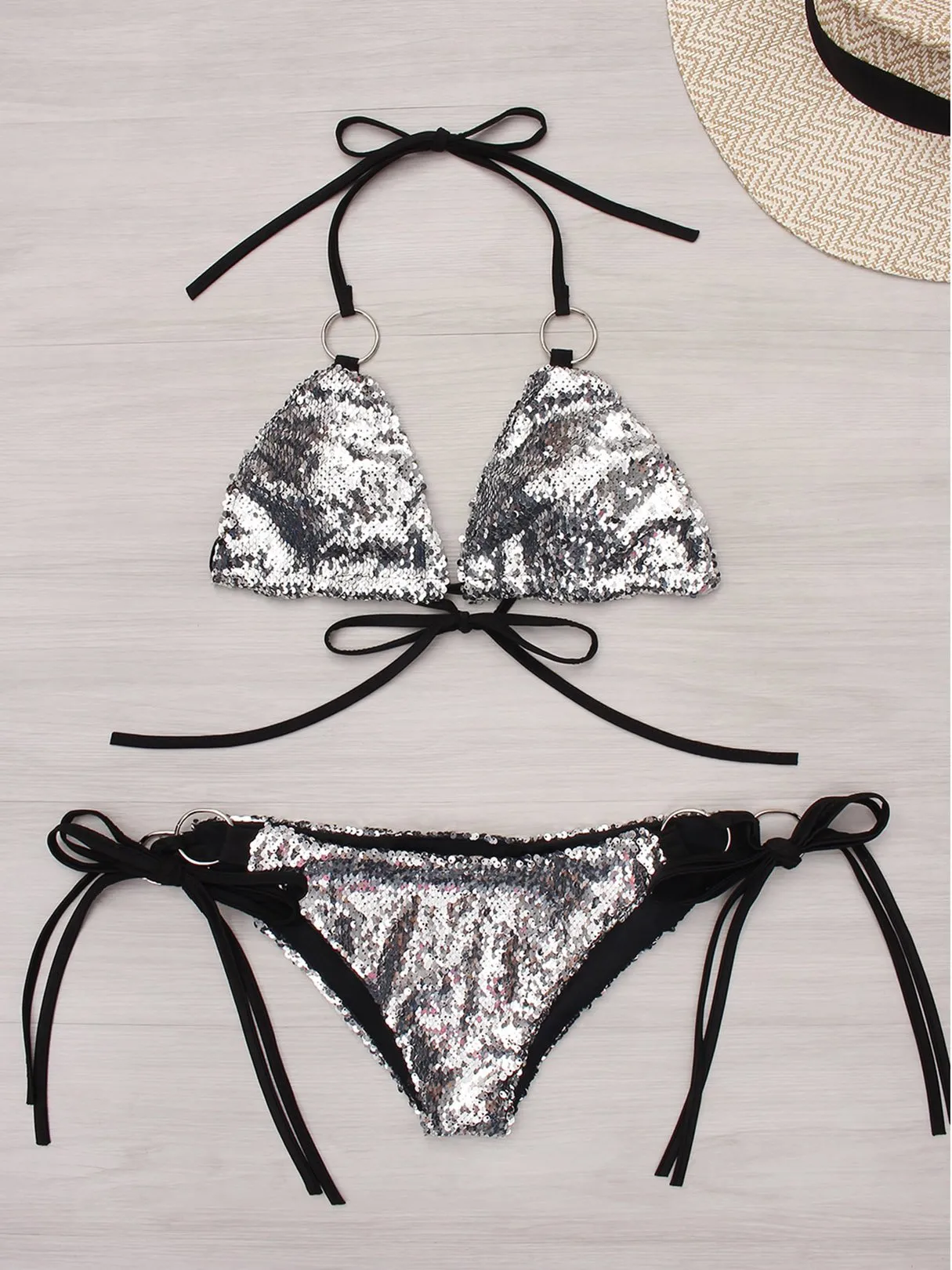 Wholesale Halter Sleeveless Silver 2 Piece Bikinis